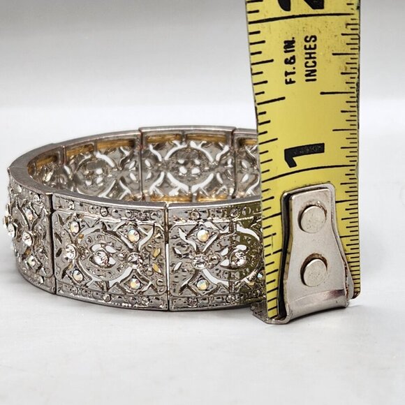 Silver Tone Iridescent Rhinestone Stretchy Cuff Bracelet Formal Statement - Picture 4 of 4